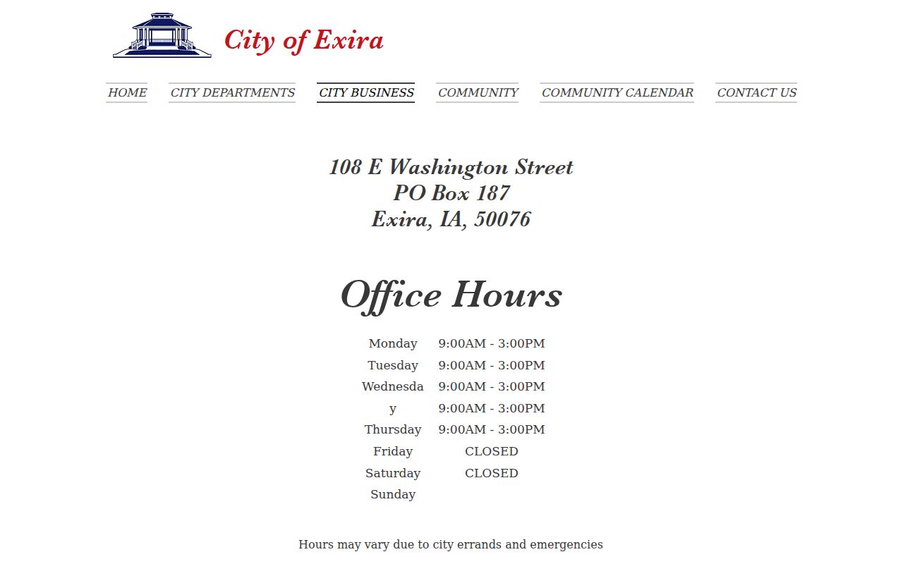 Official Exira City Hall hours and contact information